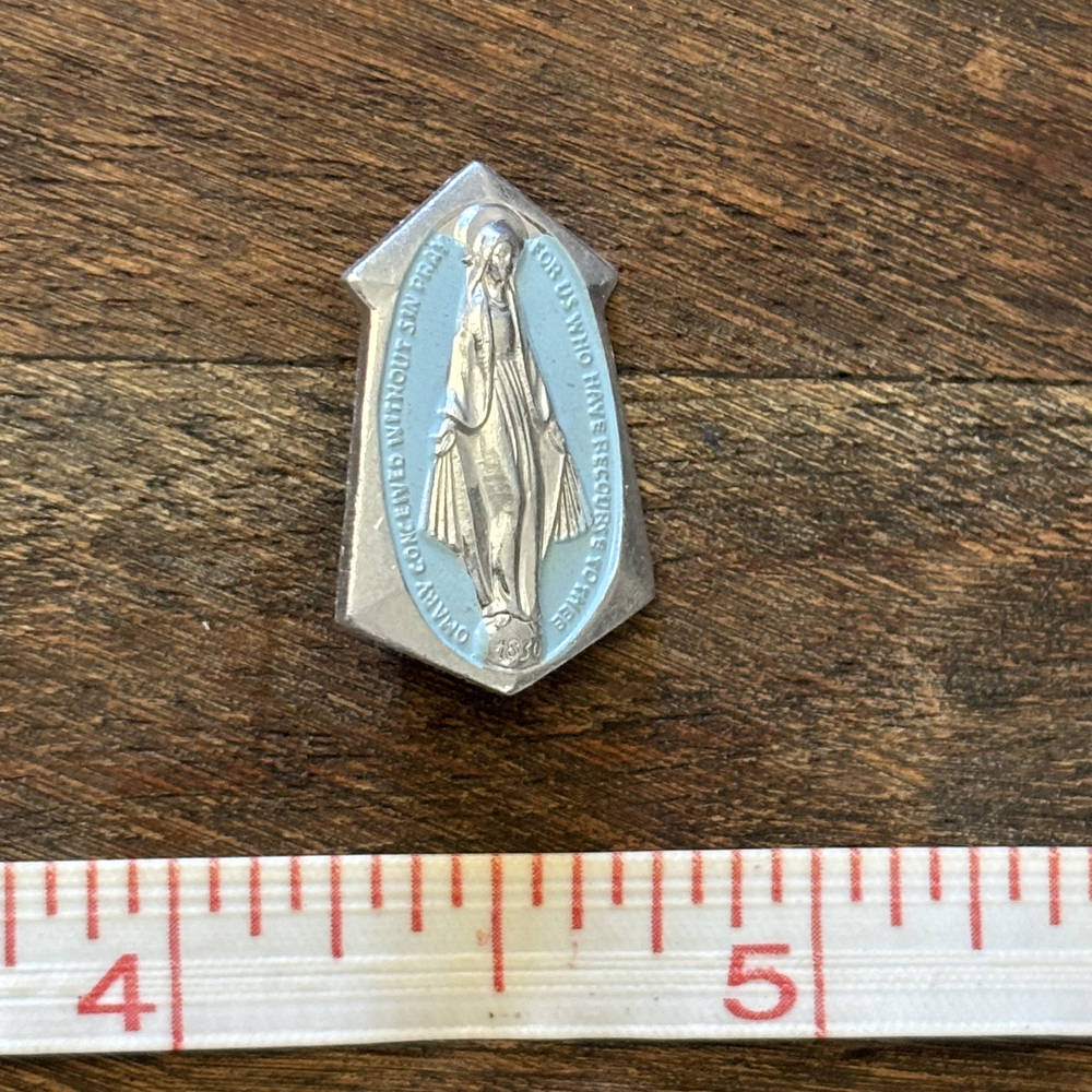 Virgin Mary Miraculous Medal Faux Enamel Pin Silver Tone